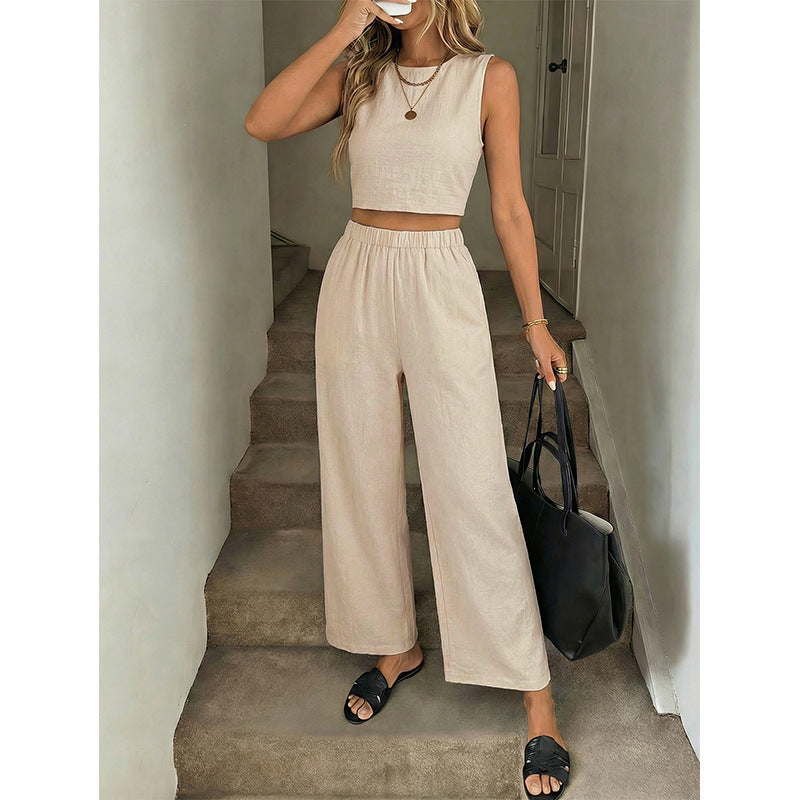 Womens Crew-Neck Vest And Straight-Leg Pants Set