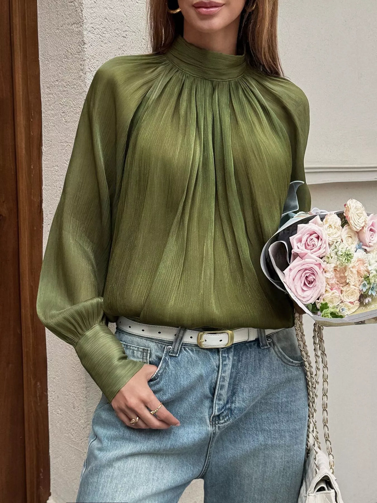 Women's Green Mock Neck Lantern Sleeves Blouse - Green