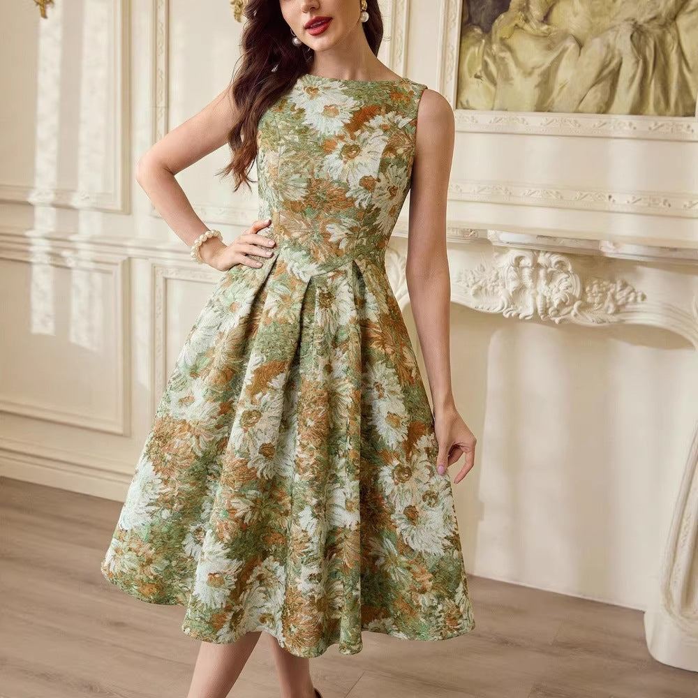 French-style Women's Retro Oil-painting Sleeveless Dress