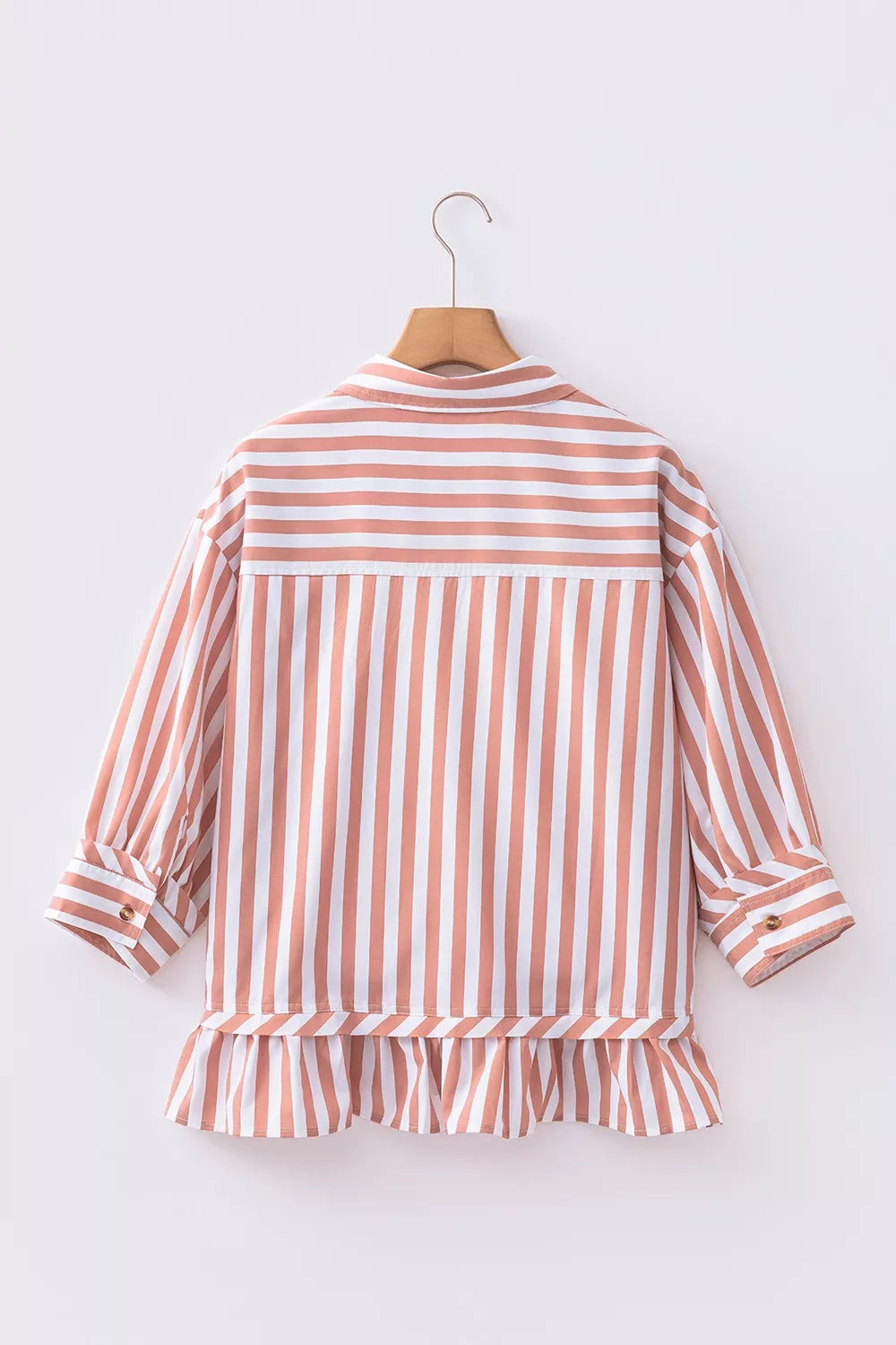Women's Pale Blush Stripe Collar Button Front Bracelet Sleeve Ruffle Hem Shirt - Pale Blush
