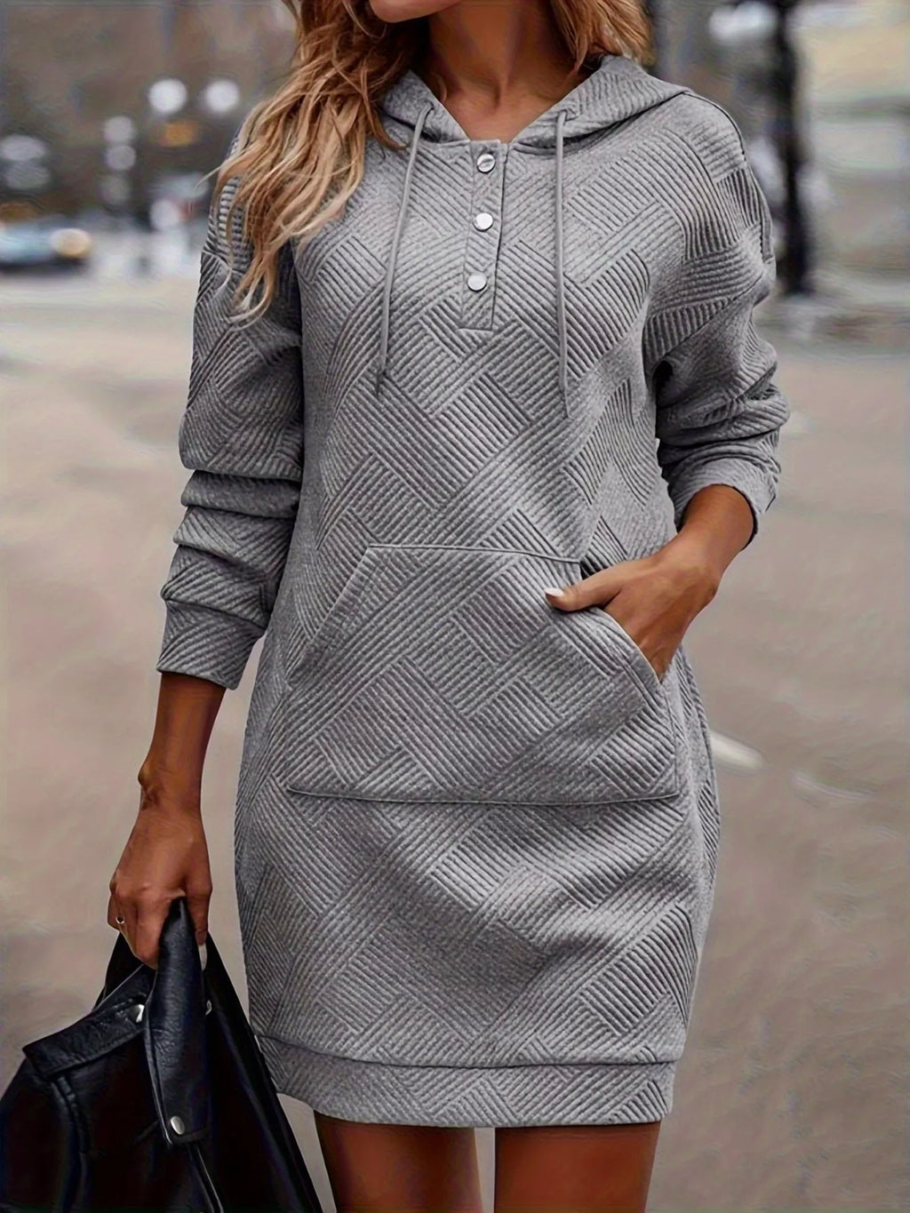 Women's Gray Casual Textured Hooded Sweatshirt Dress - Gray