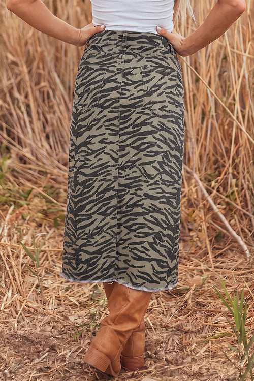Animal Print Side Split Frayed Hem Denim Midi Skirt