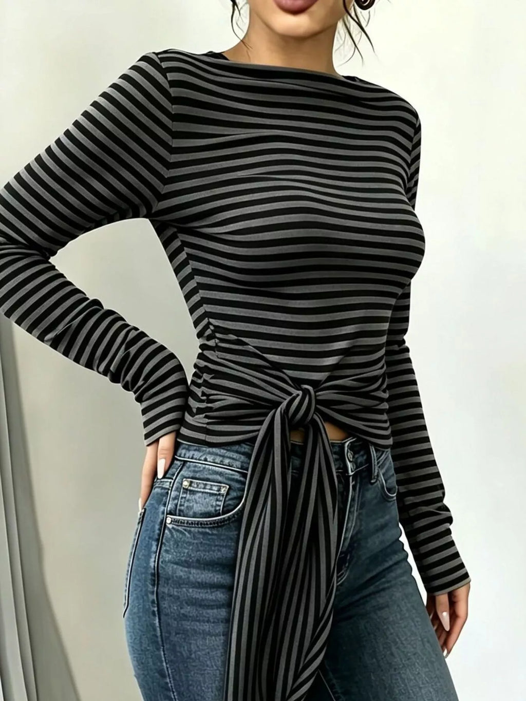 Women's Long Sleeve Striped T-Shirt with Front Tie Detail
