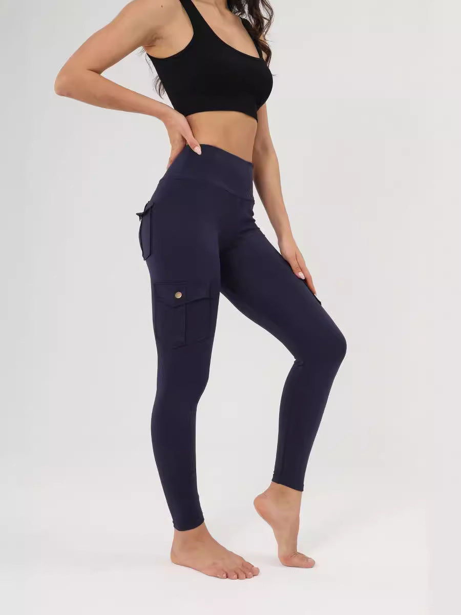 Women's Amazon Wish Cross-border Breathable Hip Lifting Button Pocket Sports Brushed Nude Yoga Slimming Tight Leggings