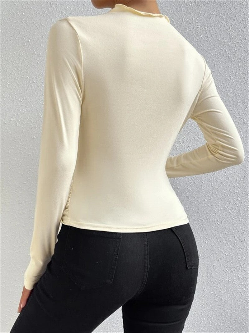 Women's Cross-border 2026 Europe And The United States Solid Color Slim Base Shirt Joker Pleated Design Sense Long Sleeve T-shirt Women's Top