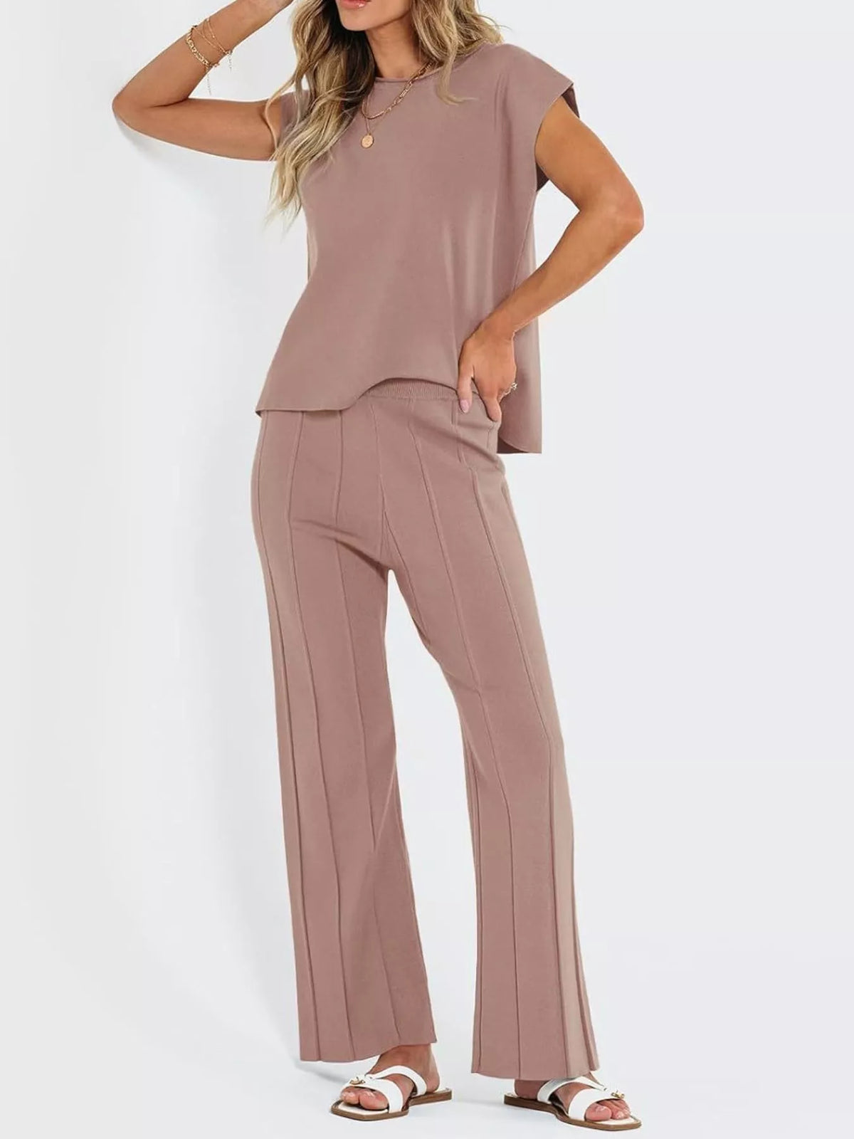 Women's Casual Solid Color Cap Sleeve Top and Pants Knit Set