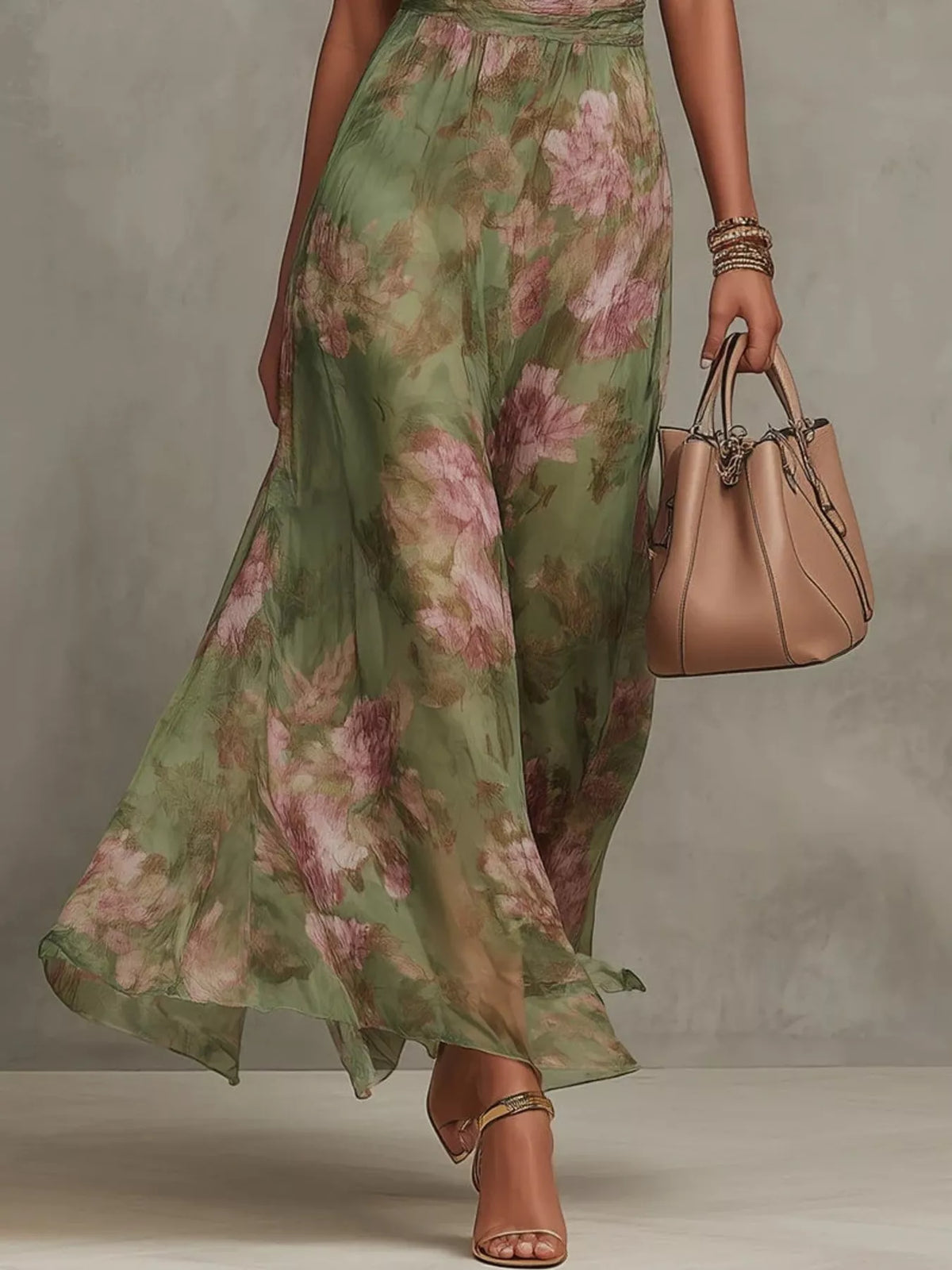 Women's Green Floral Print Sleeveless Maxi Dress - Green