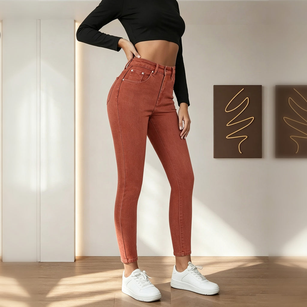 Women's Brick Red High Waist Skinny Jeans, Solid Color Stretch Slim Fit Ankle Denim Pants With Pockets