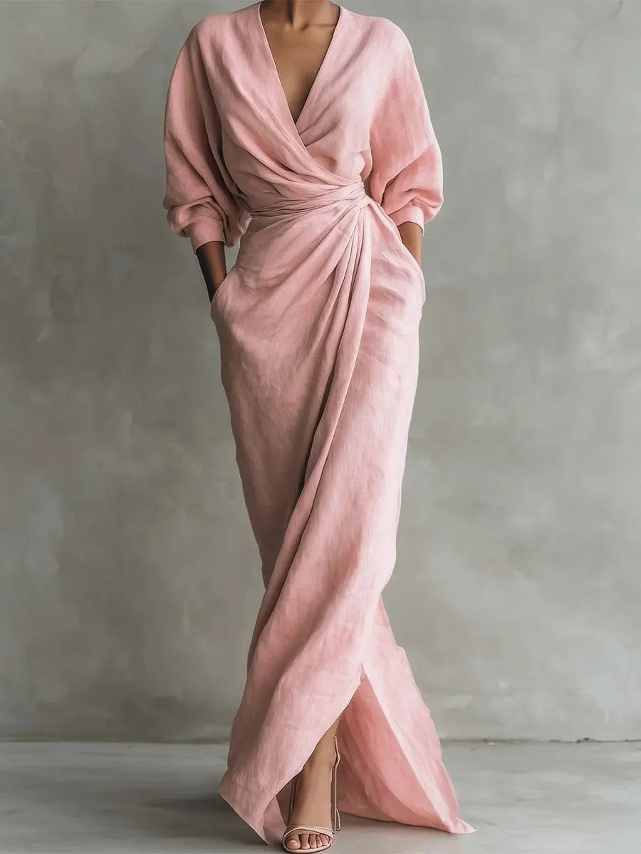 New Style Elegant Solid Color V-Neck Long Sleeve Slit Waist-Cinching Pocket Long Dress For Independent Sites