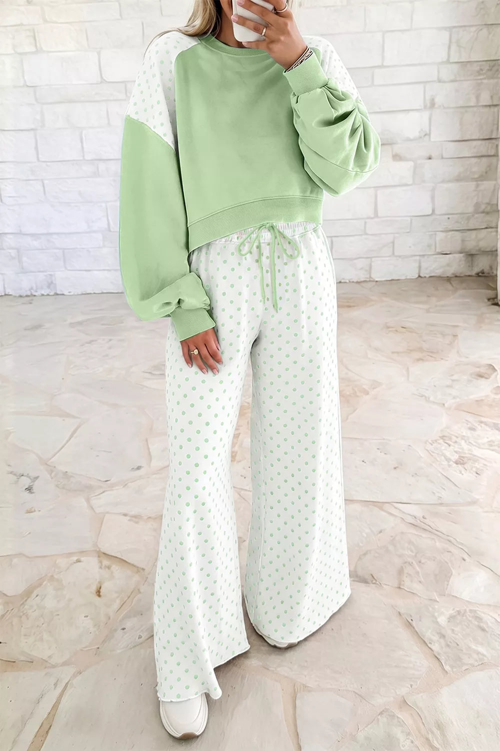 Women's Gum Leaf Polka Dot Color-Block Top and Pants Set - Gum Leaf