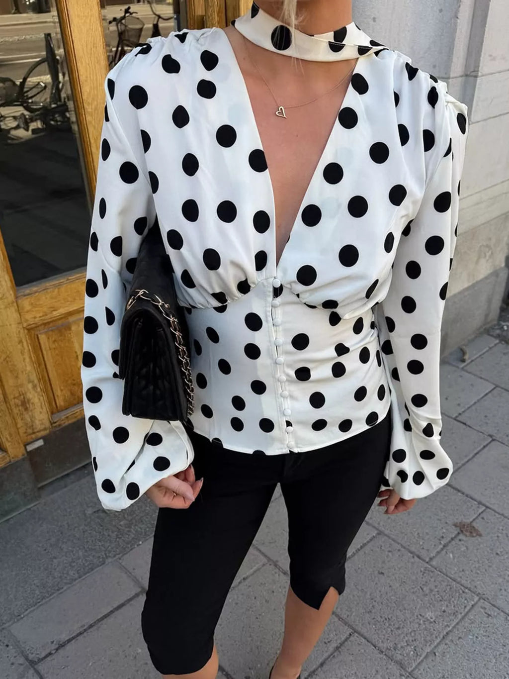 Women's White Polka Dot Balloon Sleeve Blouse - White
