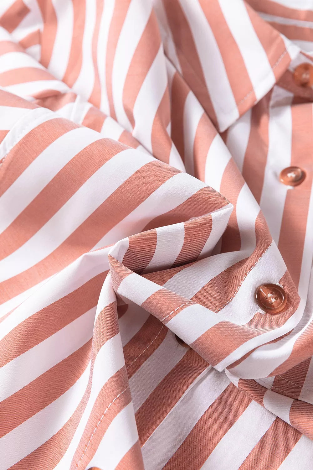 Women's Pale Blush Stripe Collar Button Front Bracelet Sleeve Ruffle Hem Shirt - Pale Blush