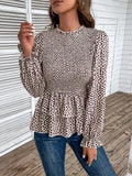 Women's Beige Printed Round Neck Smocked Flounce Sleeve T-Shirt - Beige