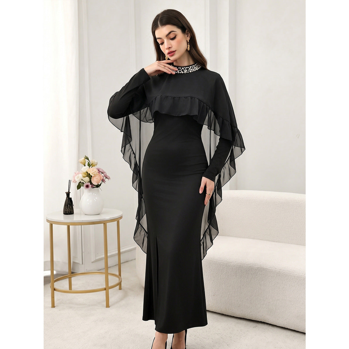 Female Nail Bead Half High Neck Mesh Ruffle Edge Dress