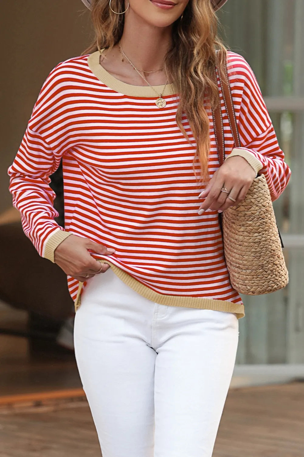 Women's Striped Round Neck Drop Shoulder T-Shirt