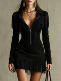 Women's Faux Suede Western Cowgirl Midi Dress, Lapel Half Zip Long Sleeve Fringe Slim Bodycon Party Dress - Black