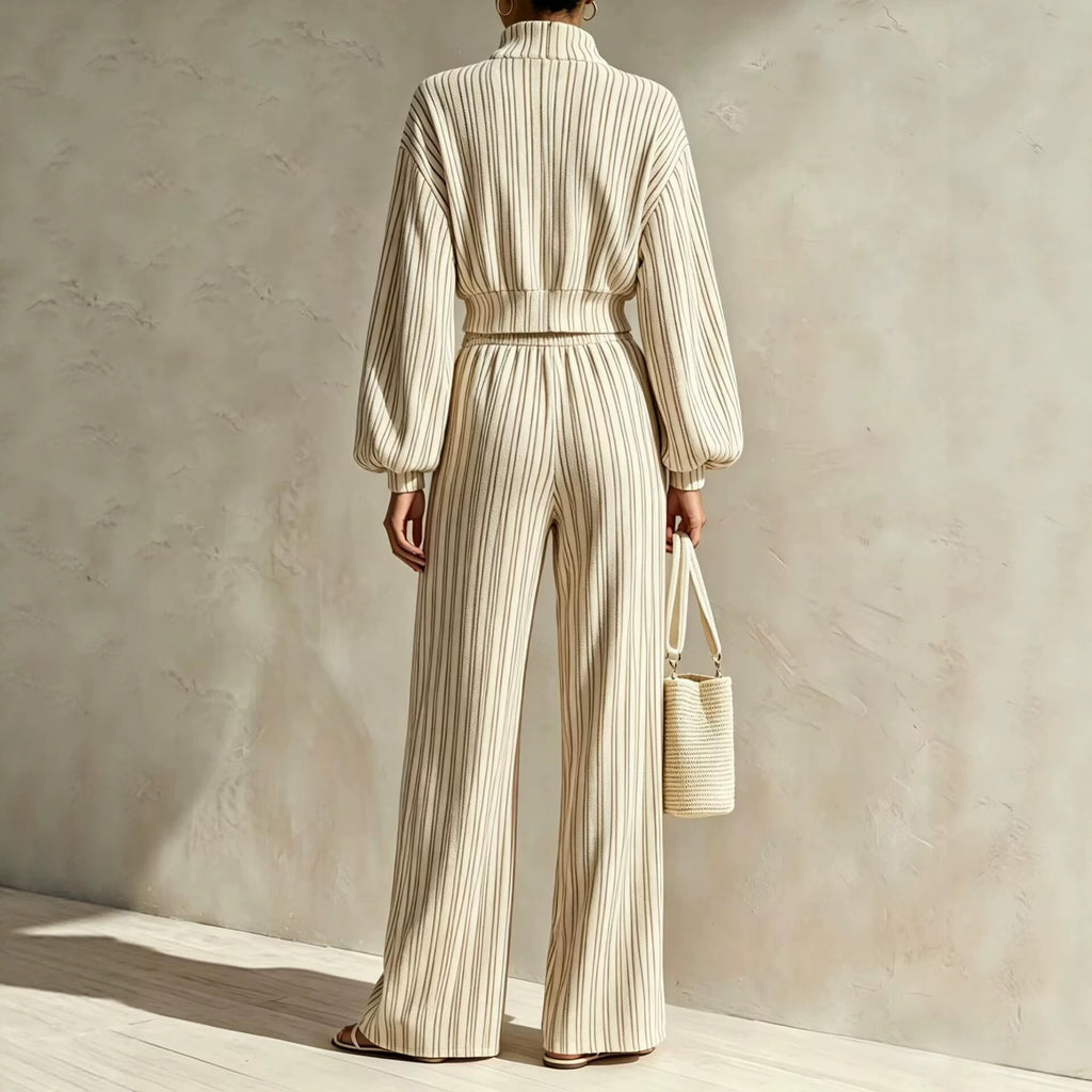 Striped Zip-up Cardigan And Wide-leg Pants Two-piece Set