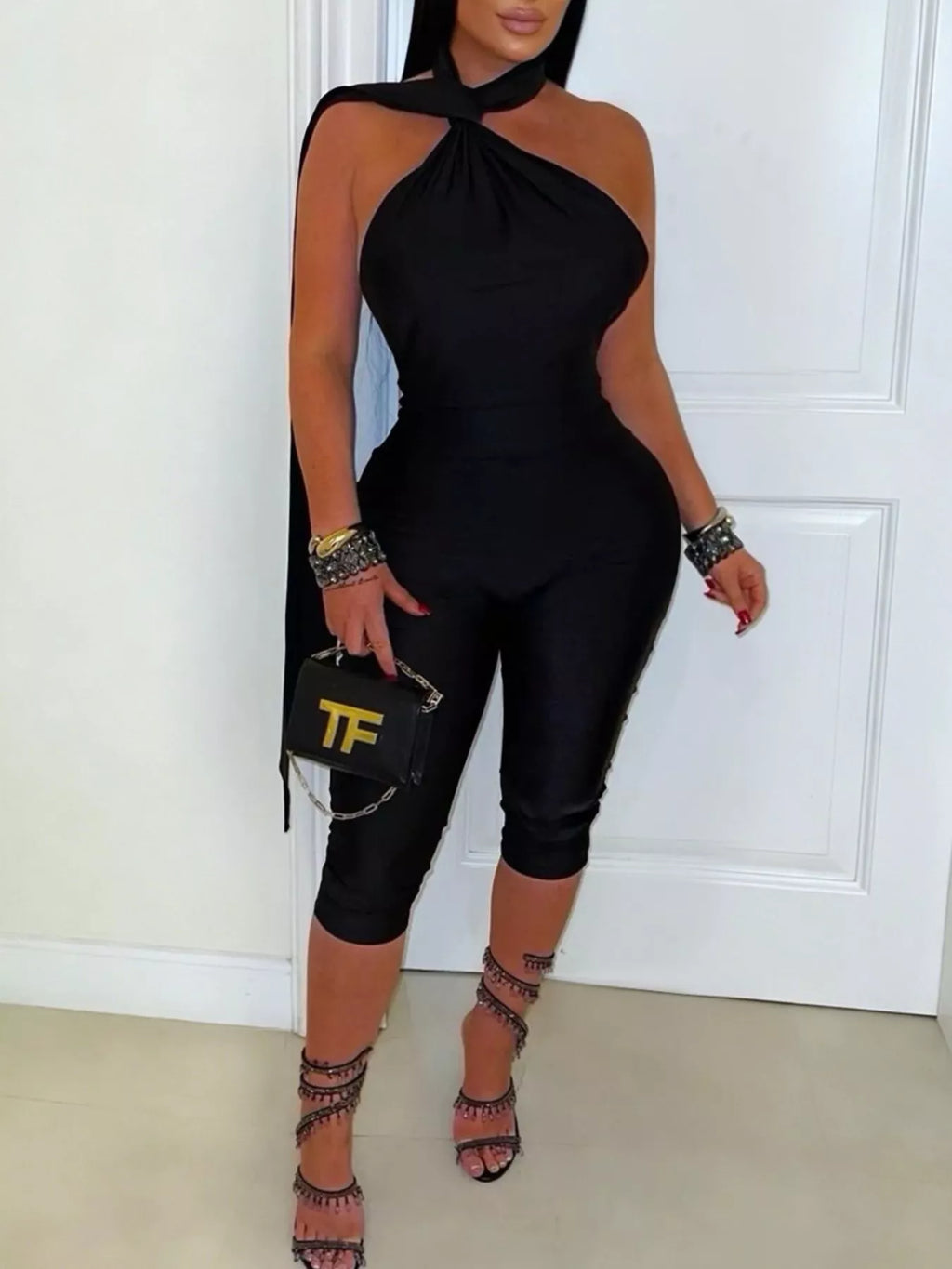 Women's Halter Neck Sleeveless Bodycon Jumpsuit - Black