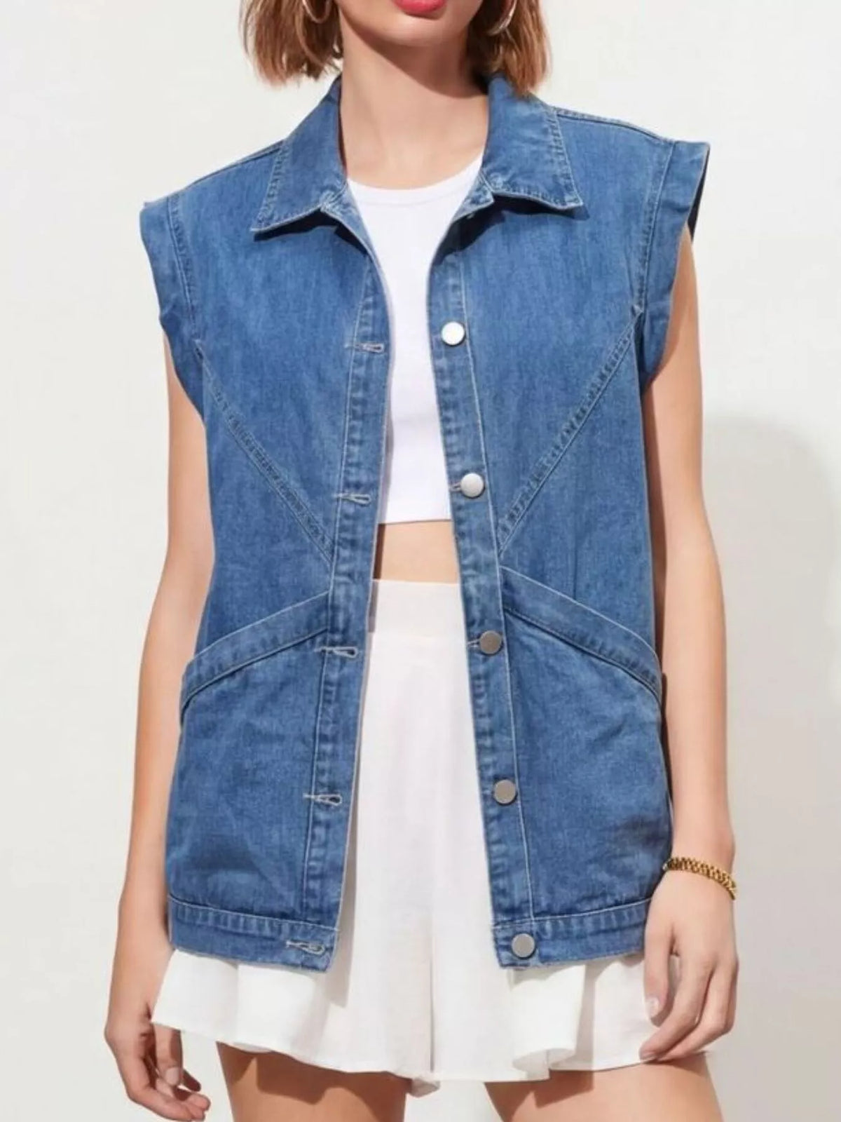 Women's Blue Button-Down Denim Vest - Blue