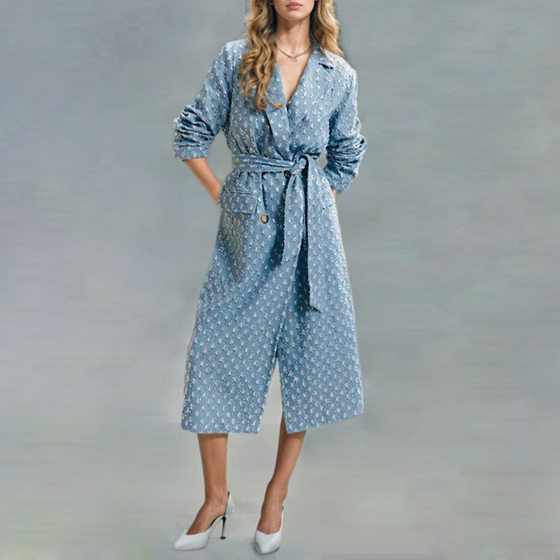 Women's Denim blue Light Blue Tweed Belted Double-Breasted Long Coat - Denim blue