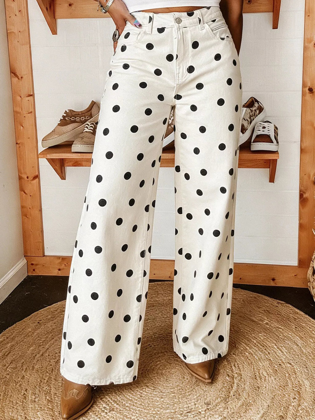 Women's Polka Dot Wide-Leg Jeans - White