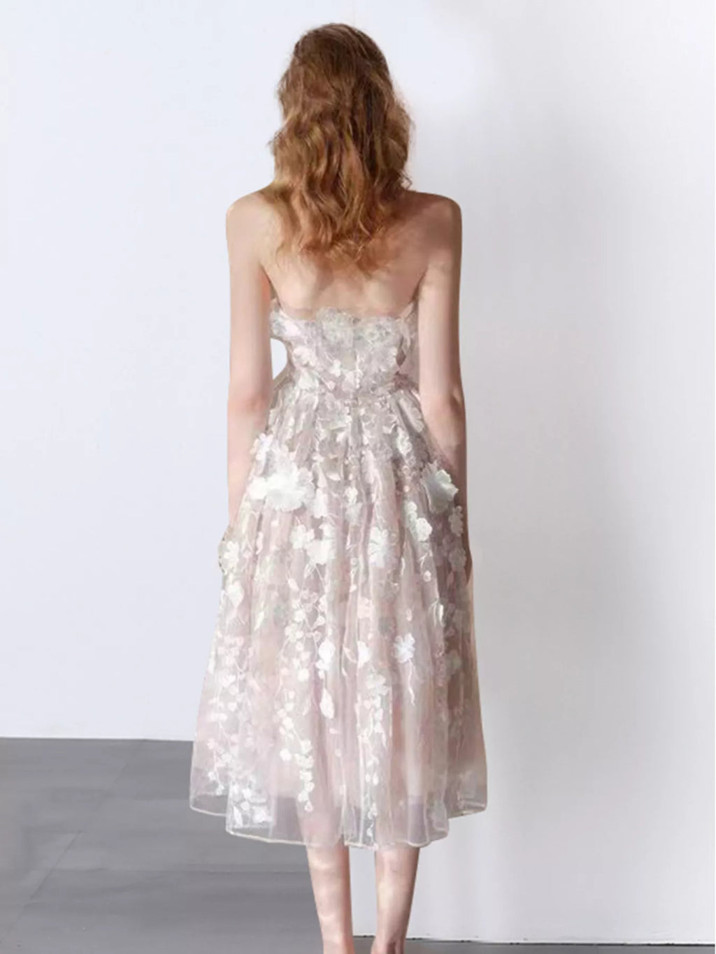 Women's Strapless Floral Applique Midi Dress