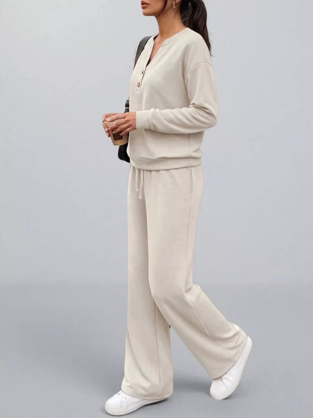 Women's Button Detail Dropped Shoulder Top and Pants Set