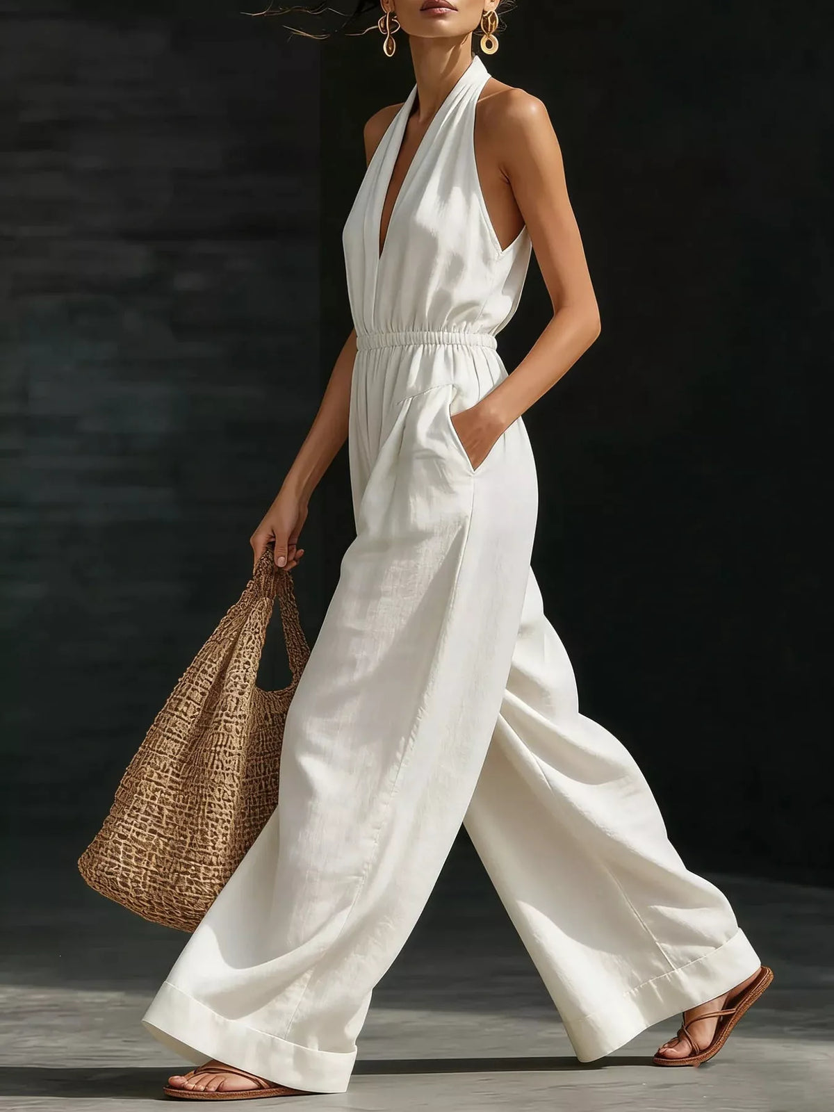 Women's Halter Neck Wide-Leg Jumpsuit, Plus Size