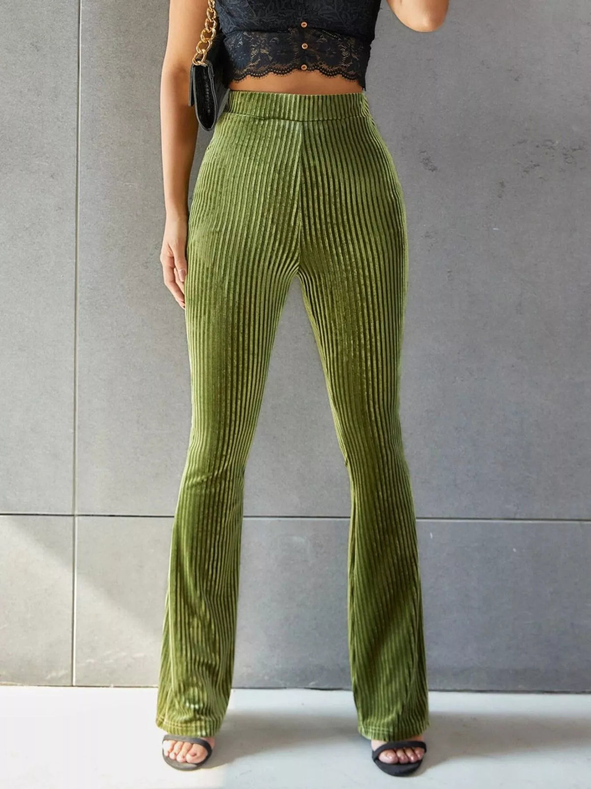 Women's Matcha Green High-Waisted Ribbed Velvet Flare Pants - Matcha Green