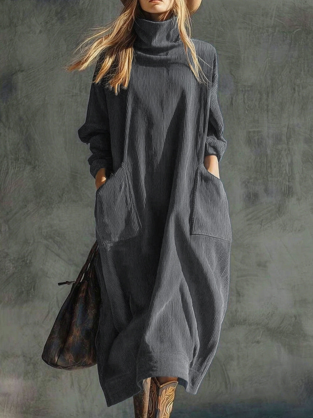Corduroy Slimming Long Dress With Two Pockets For Women