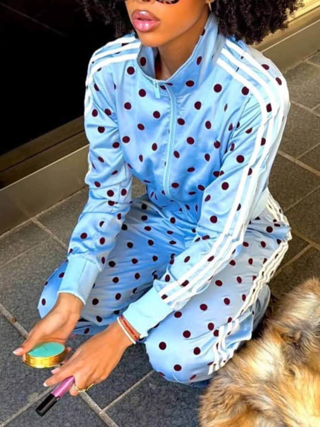 Women's Polka Dot Side Striped Outerwear and Pants Set