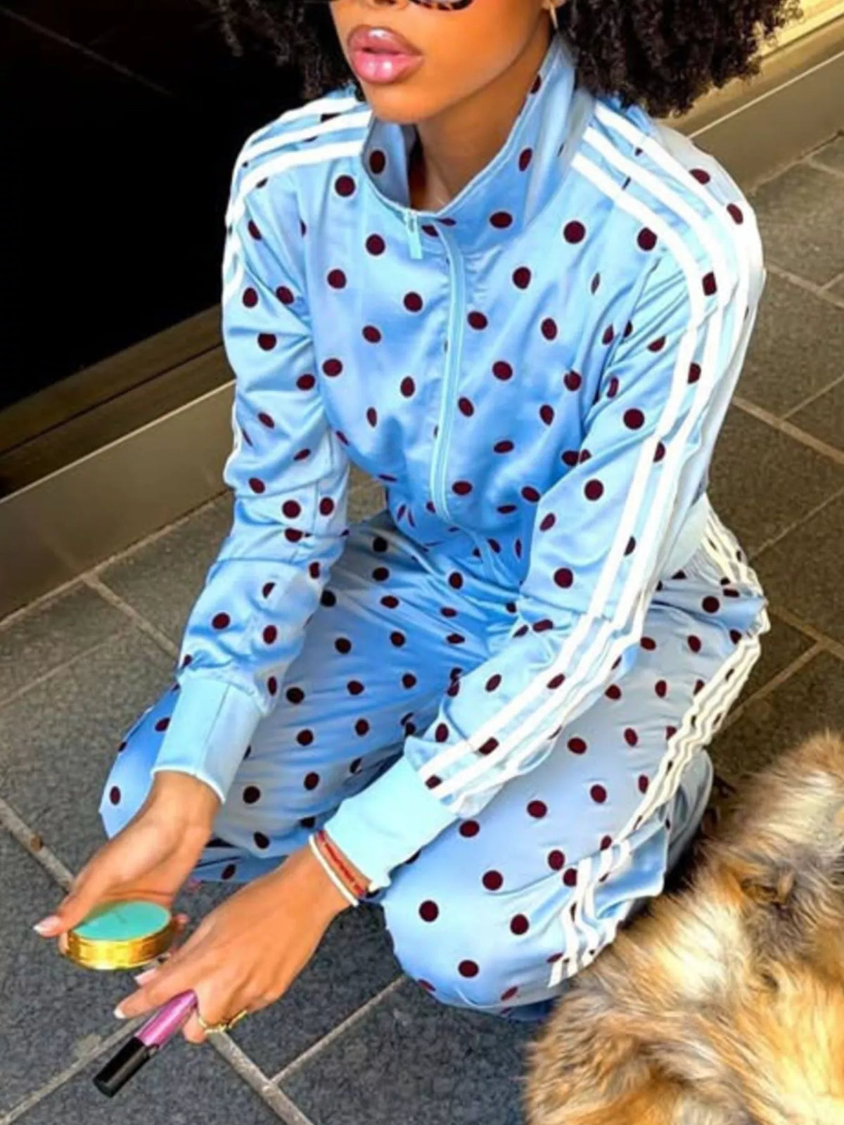 Women's Polka Dot Side Striped Outerwear and Pants Set