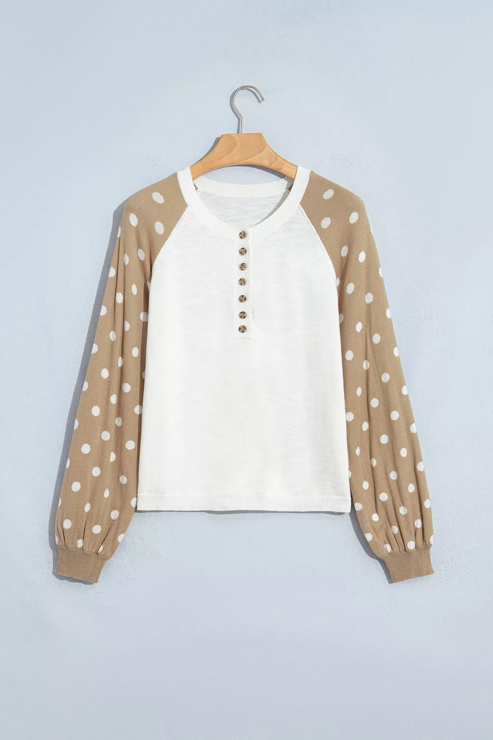 Women's White Polka Dot Contrast Long Sleeve Button V Neck Sweater - White