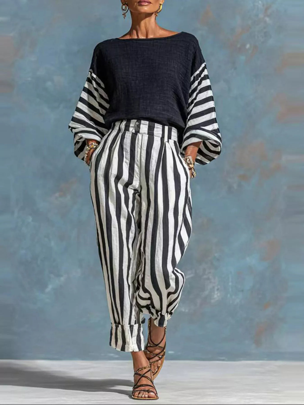 Women's Black Striped Long Sleeve Top and Pants Set - Black