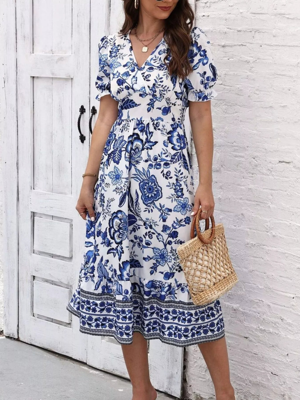 Women's Floral Print Puff Sleeve Wrap Midi Dress