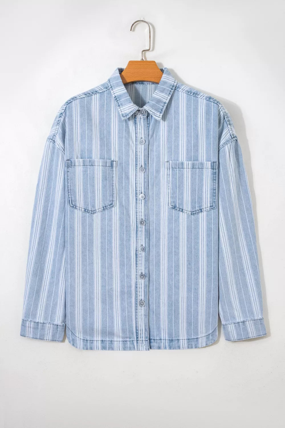 Women's Light Blue Stripe Boyfriend Chest Pocket Classic Denim Shacket - Light Blue