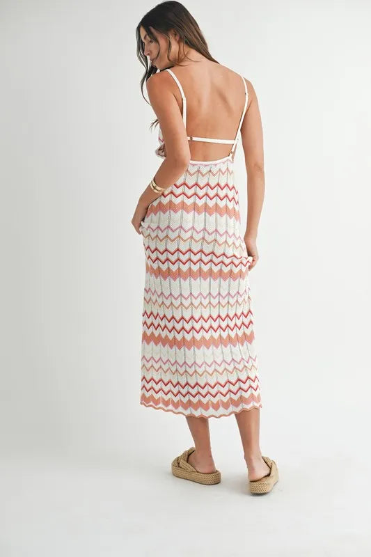 Women's Salmon Lightweight Pointelle Chevron Knit Maxi Dress - Salmon