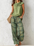 Women's Sage Sleeveless Cowl Neck Top and Plaid Wide-Leg Pant Set - Sage