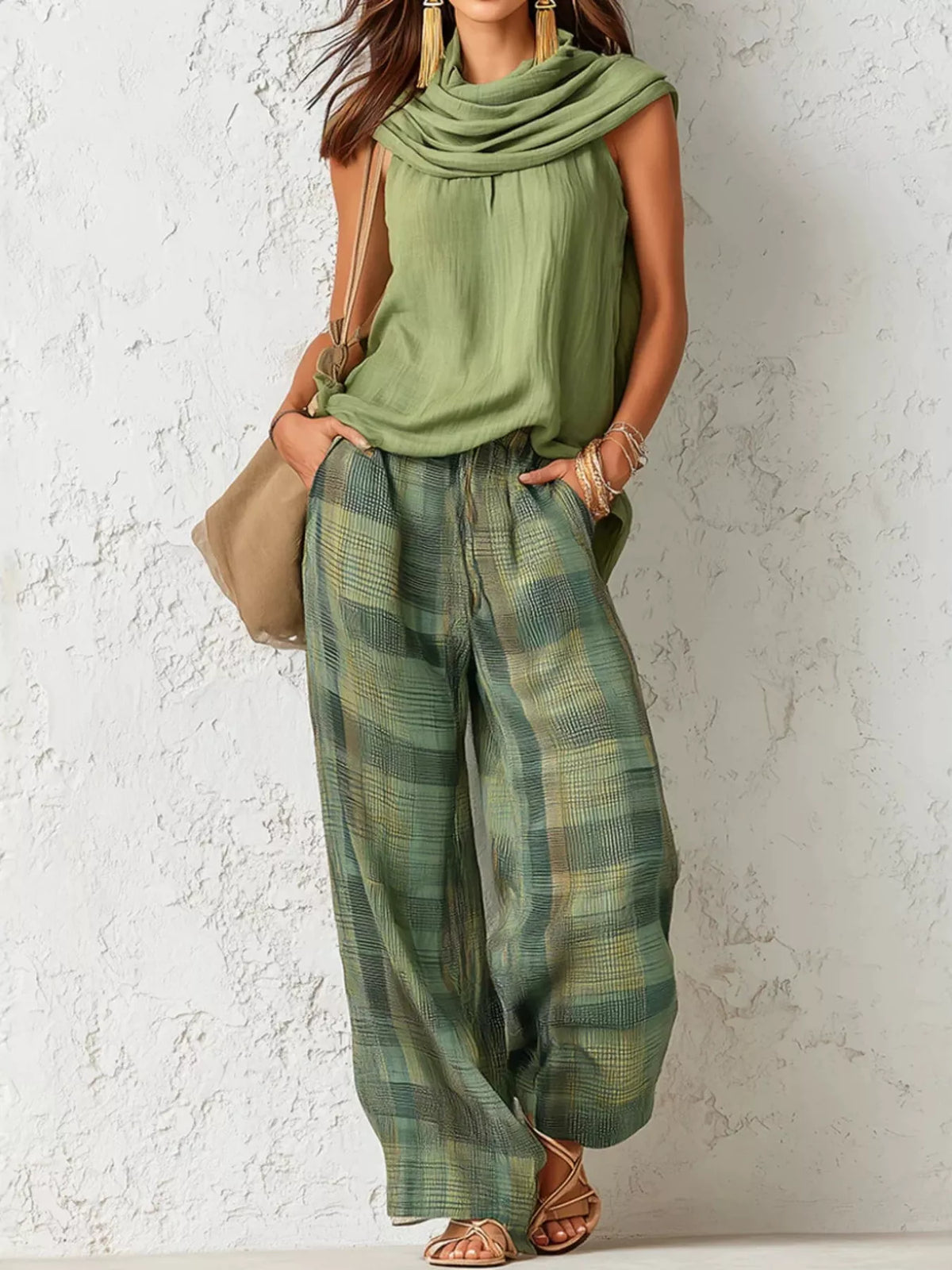 Women's Sage Sleeveless Cowl Neck Top and Plaid Wide-Leg Pant Set - Sage