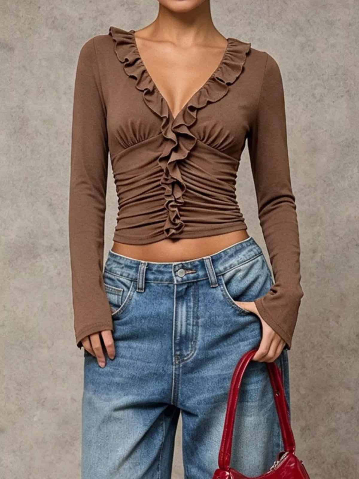 Women's Coffee Brown V-Neck Ruffle Trim Ruched Long Sleeve Slim Fit Top - Coffee Brown