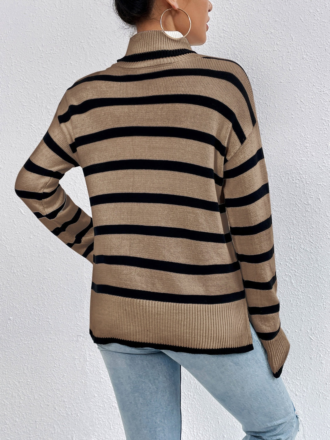 Women's Striped Turtleneck Drop Shoulder Sweater