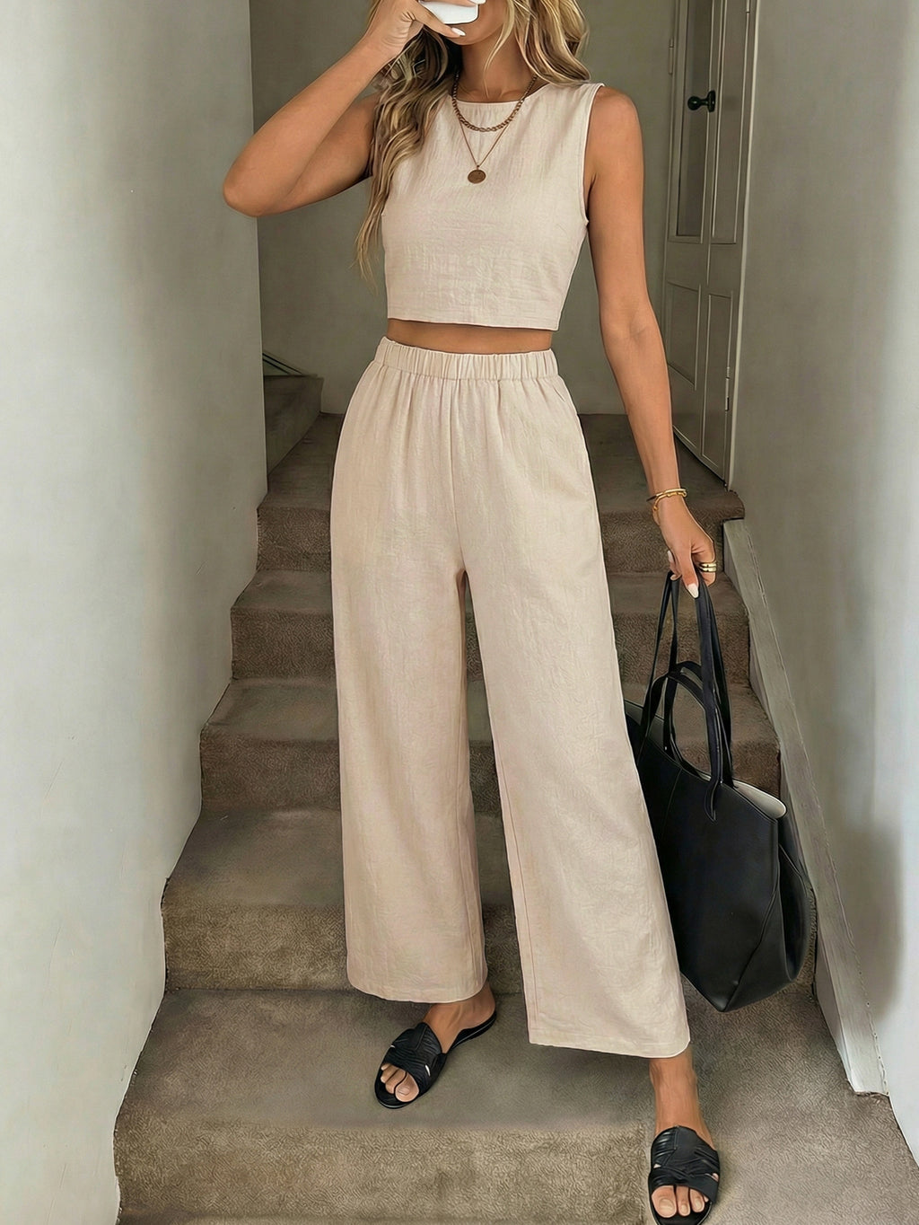 Womens Crew-Neck Vest And Straight-Leg Pants Set