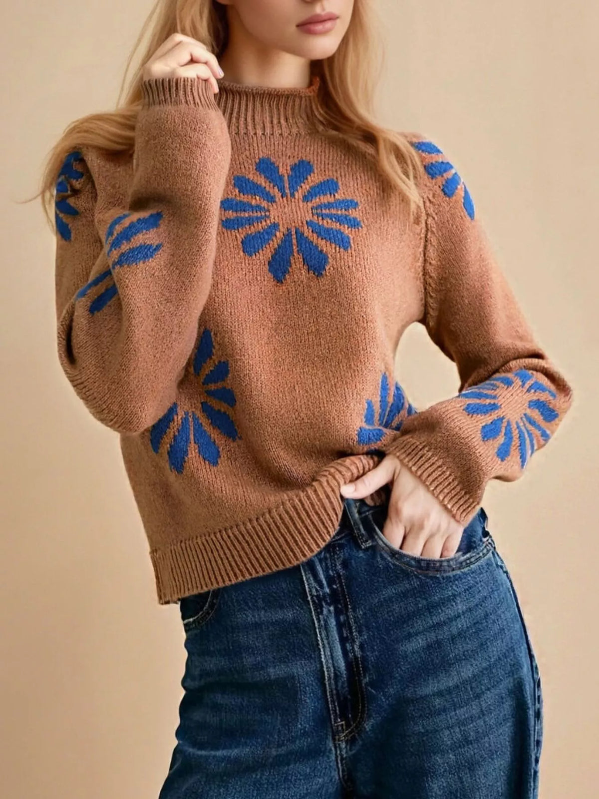 Women's Caramel Flower Mock Neck Raglan Sleeve Sweater - Caramel