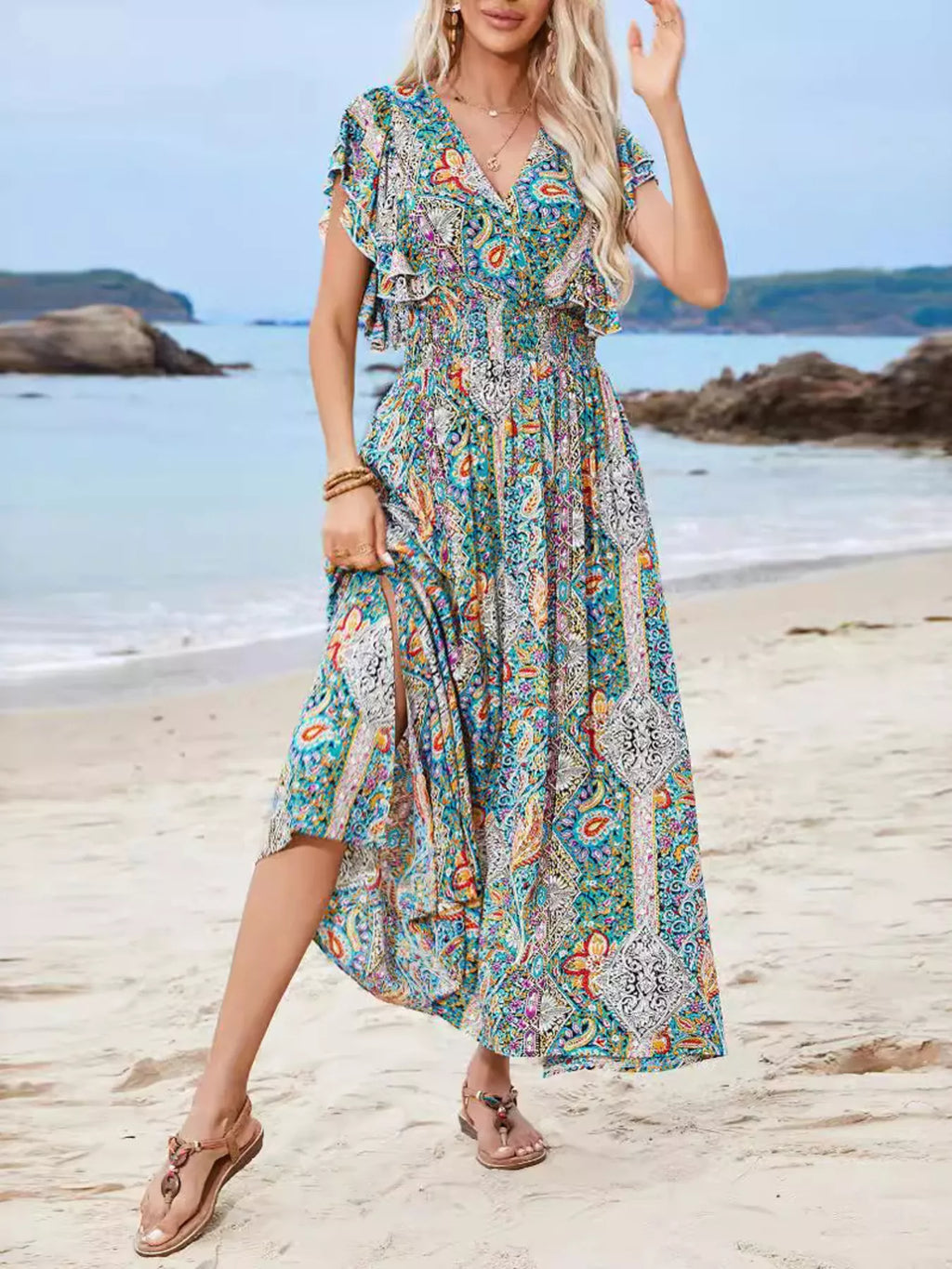 Women's Multicolor Paisley Print Flutter Sleeve Smocked Maxi Dress - Multicolor
