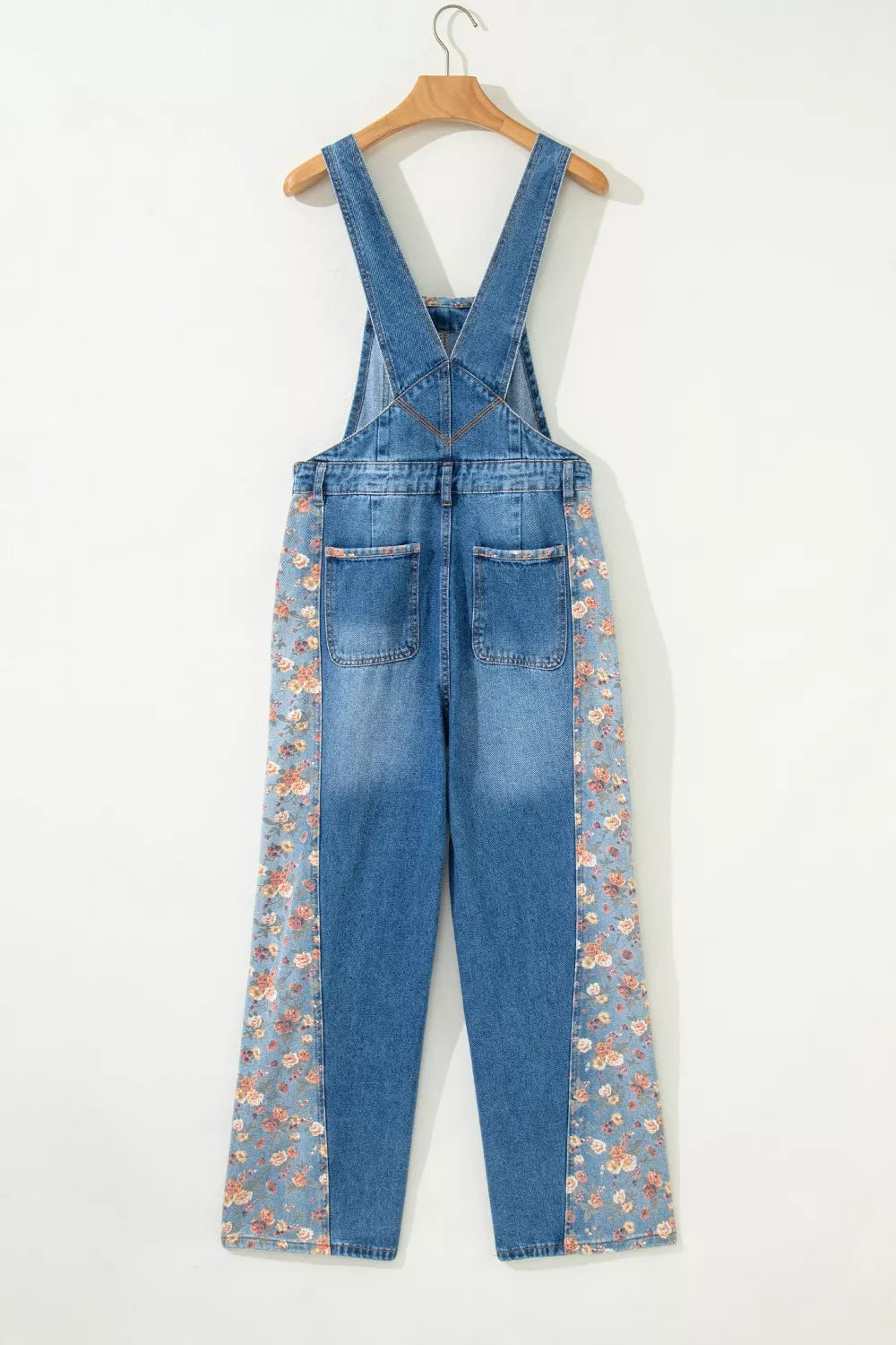Women's Dusty Blue Vintage Rose Printed Pleated Loose Denim Overall - Dusty Blue