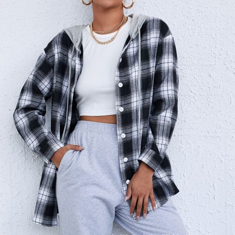 Single-breasted Round-neck Long-sleeve Cotton Plaid Hooded Cardigan