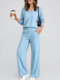 Women's Fashion Sportswear Solid Color V Neck Long Sleeve Sweatshirt And Casual Trousers Set