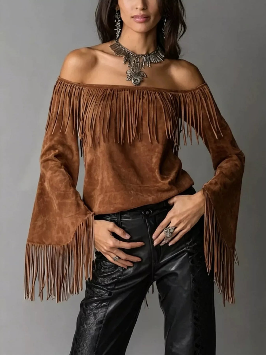 Full Size Fringed Off-Shoulder Flare Sleeve Top Plus Size