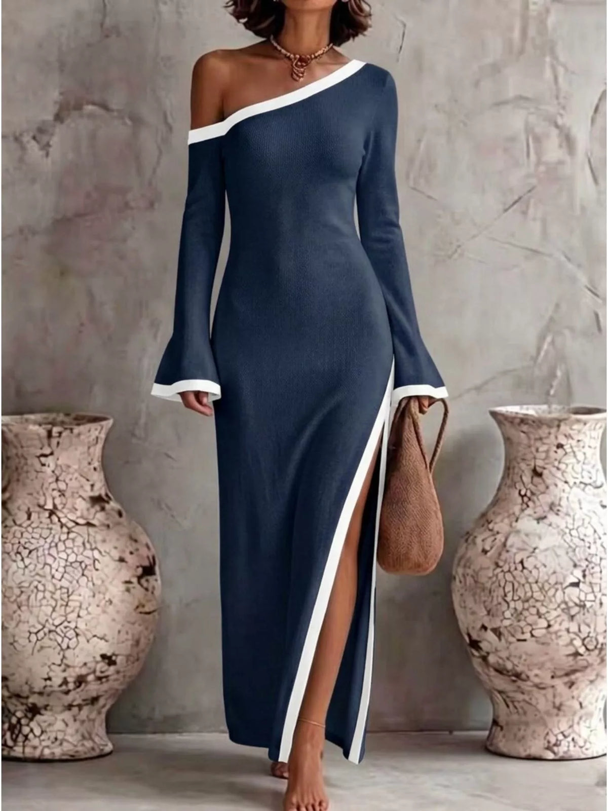 Women's Slit One-Shoulder Contrast Trim Maxi Dress - Dark Blue