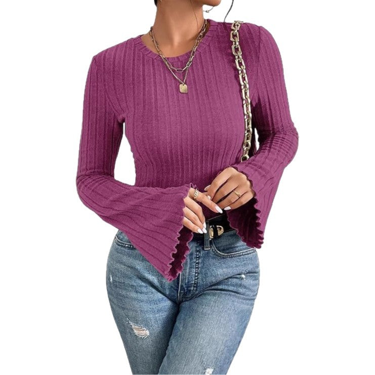 Ribbed, Brushed Crew-neck Long-sleeve Womens T-shirt